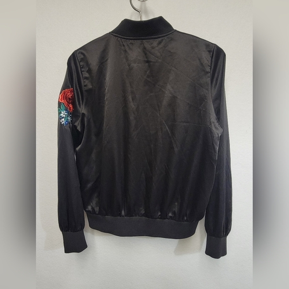 Say What? Black Bomber Jacket with Red Floral Embroidery Womens Size Small - Picture 9 of 12